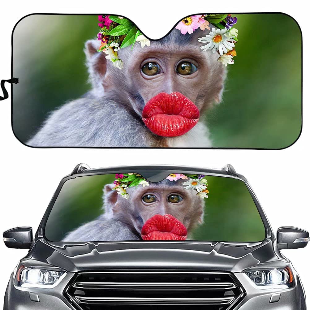 Cumagical Red Lips Monkey Car Front Window Sun Shade Personality Animal Design Windshield Sun Visor Car Accessories,Block UV Rays Sunlight Heat,Keep Your Vehicle Cool