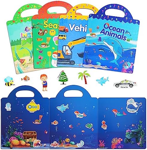 4 Sets Reusable Sticker Busy Book for Kids – Mixed 4 Themes Quiet Book with Stickers for 3 4 5 Years Toddlers Preschool Imagination Development Educational Tale Toy ET01MX01