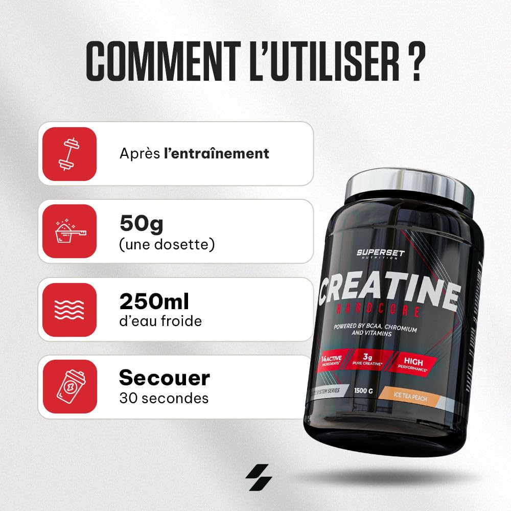 Superset Nutrition - Creatine Hardcore (1,5kg) - Poudre soluble - 3g de créatine monohydrate par dose, BCAA, Glucides - Récupération optimale et puissance - Adaptée aux sports intenses - Tropical