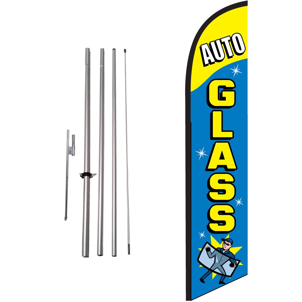 Auto Glass Here 15ft Feather Banner Swooper Flag Kit - INCLUDES 15FT POLE KIT w/GROUND SPIKE