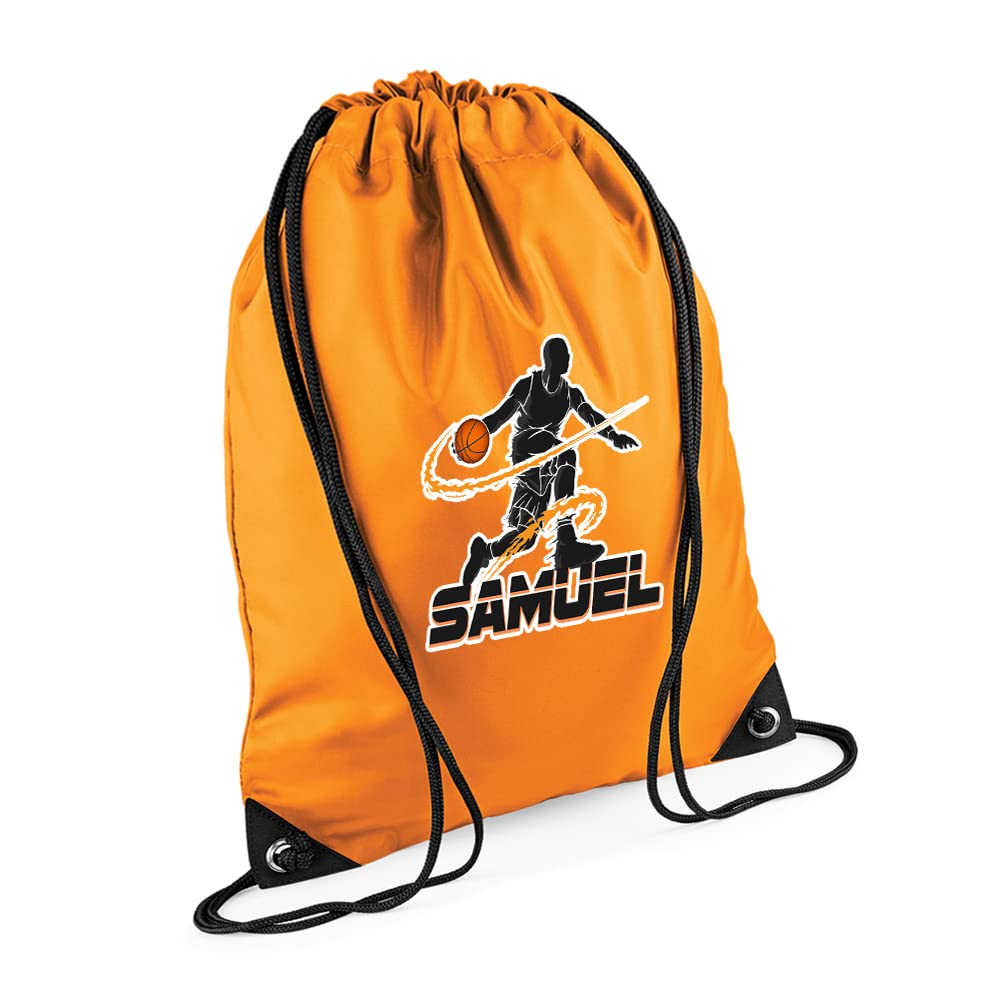 Personalised Basketball Player ANY NAME Sports Lover Gift for Men, Boy, Friend, Birthday present Drawstring Bag, PE Gym Kit Swimming, Sport Rucksack. (Orange) — image 1