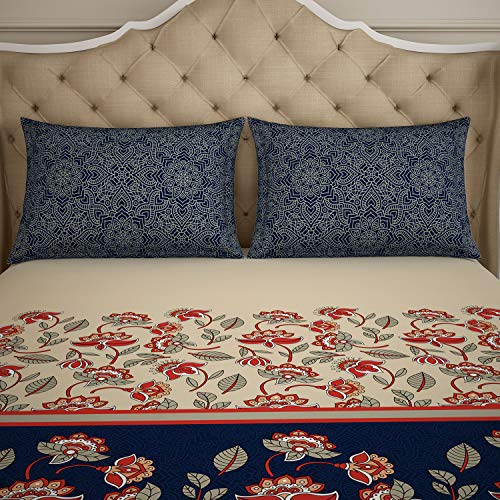 Image of Spaces Atrium Plus 210 TC 100% Cotton Queen Size Fitted Double Bedsheet with 2 Pillow Covers (Floral, 60 inch X 78 inch Inches ) - Blue