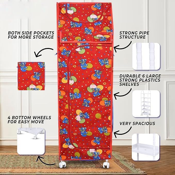 Image of HYSEYY Baby Wardrobe Plastic Kids Storage Rack with Fabric Cover & Wheels | 6-Tier Plastic Shelves Organizer | Toy, Book & Clothes Storage Cabinet for Kids Room (Red)