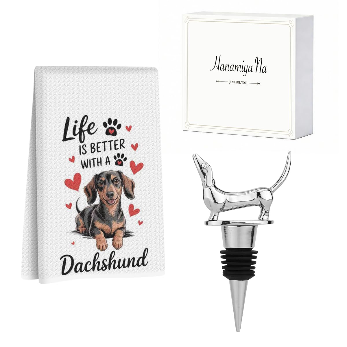 Cute Dachshund Kitchen Towels with Wine Bottle Stopper 24x14 Inch, Dachshund Gifts Reusable Dish Towels for Kitchen Bars Decor, Wine Gift Weiner Dog Gifts for Women Men Christmas Birthday Gift