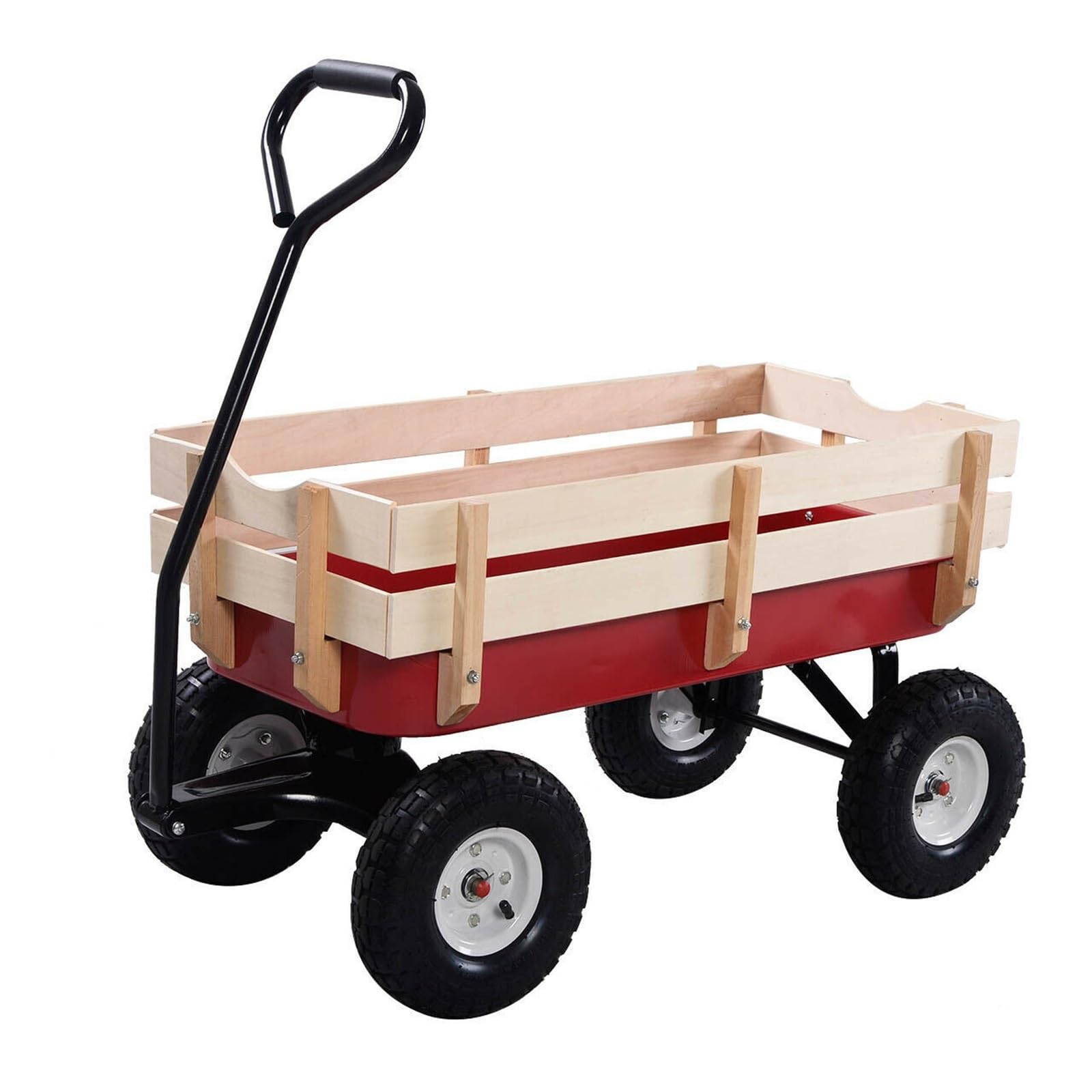 Beach Portable Trolley, Outdoor Steel Wooden Garden Dump Cart Rotating Handle Red