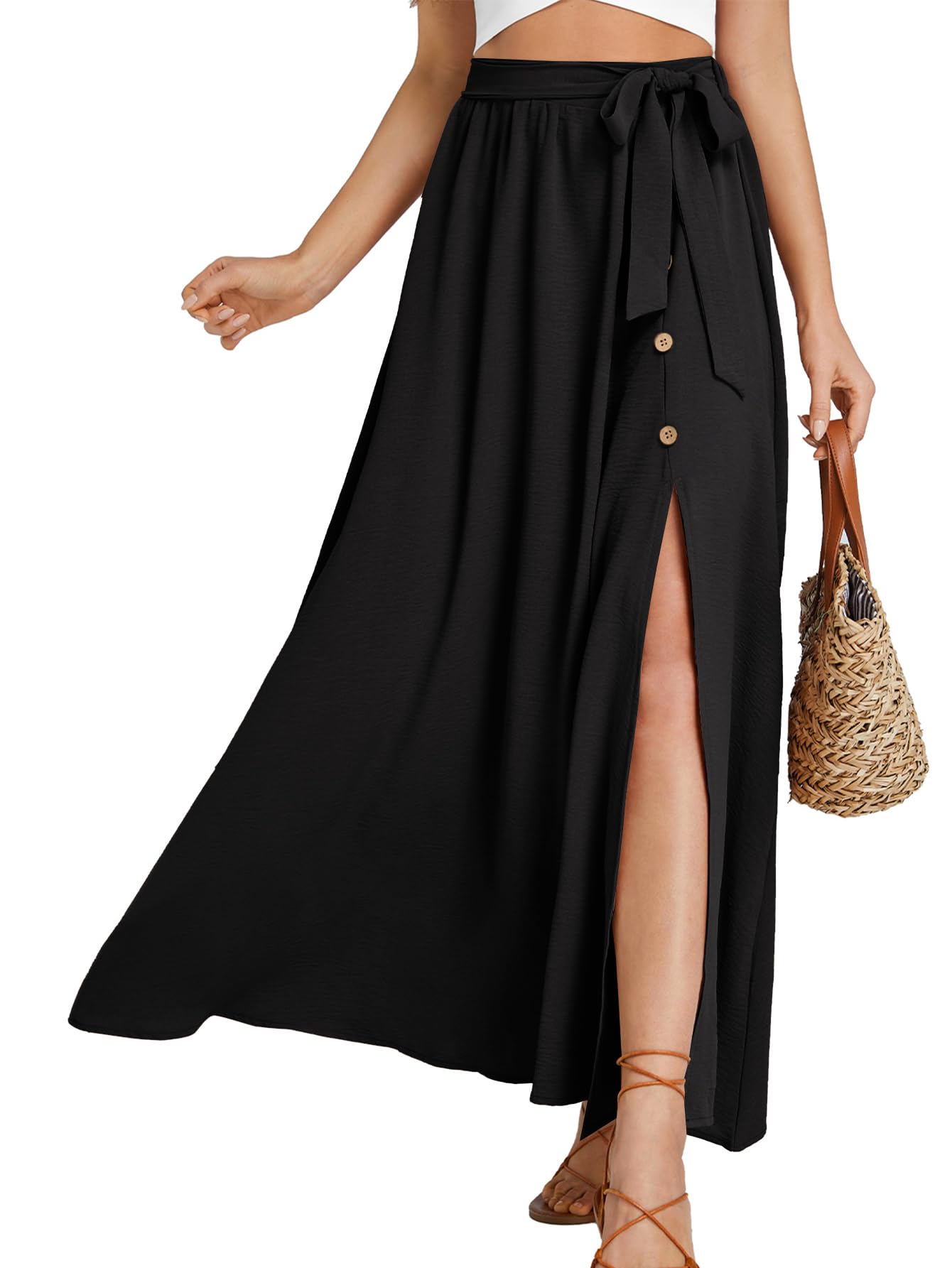 LYANER Womens Casual Tie Waist Button Front Split Skirts High Waist Swing Flowy Maxi Skirt
