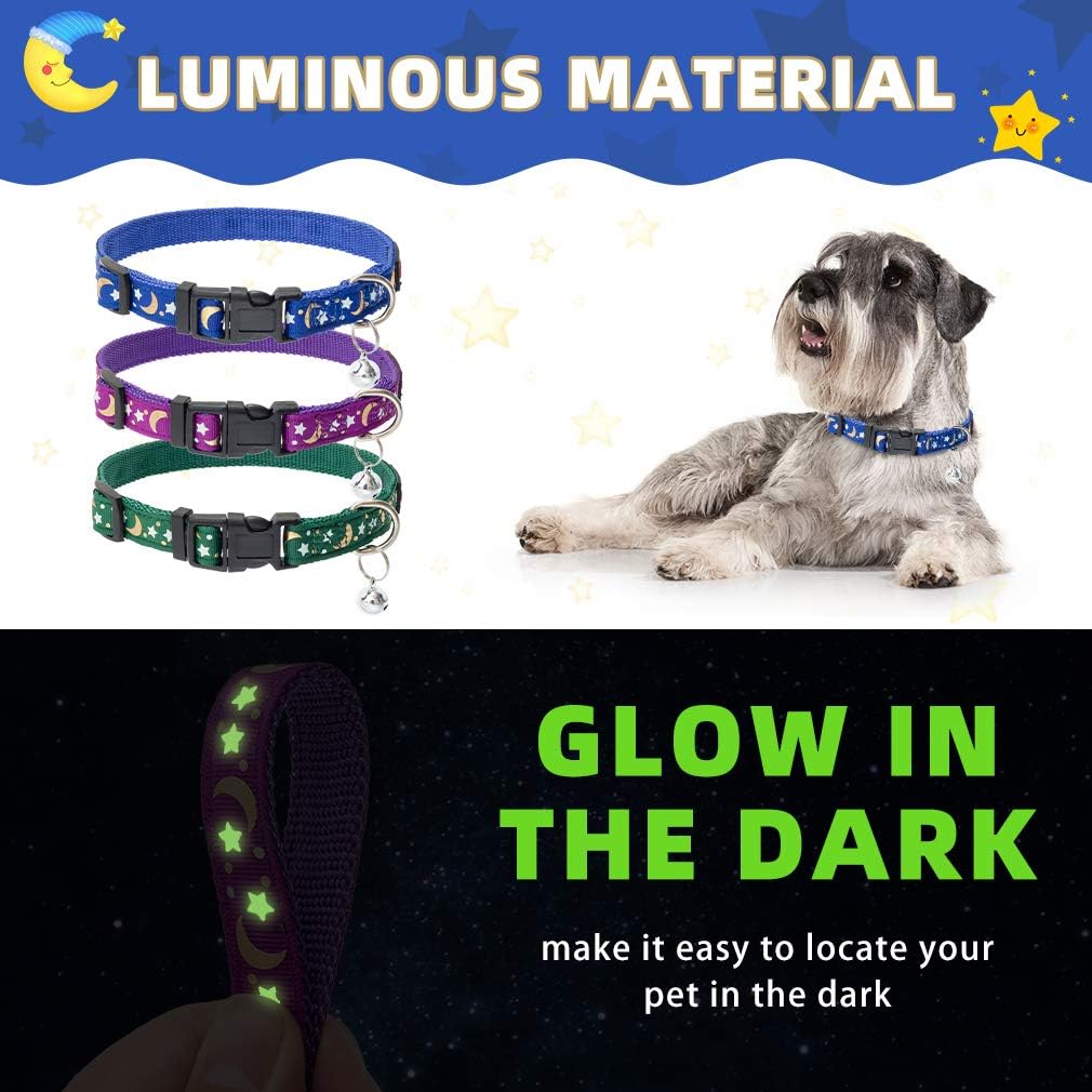 BINGPET Luminous Dog Collar with Bell 3 Pack - Adjustable Soft Pet Puppy Collar with Popular Star and Moon Patterns, Fit for Small and Medium Dogs, Glow in The Dark