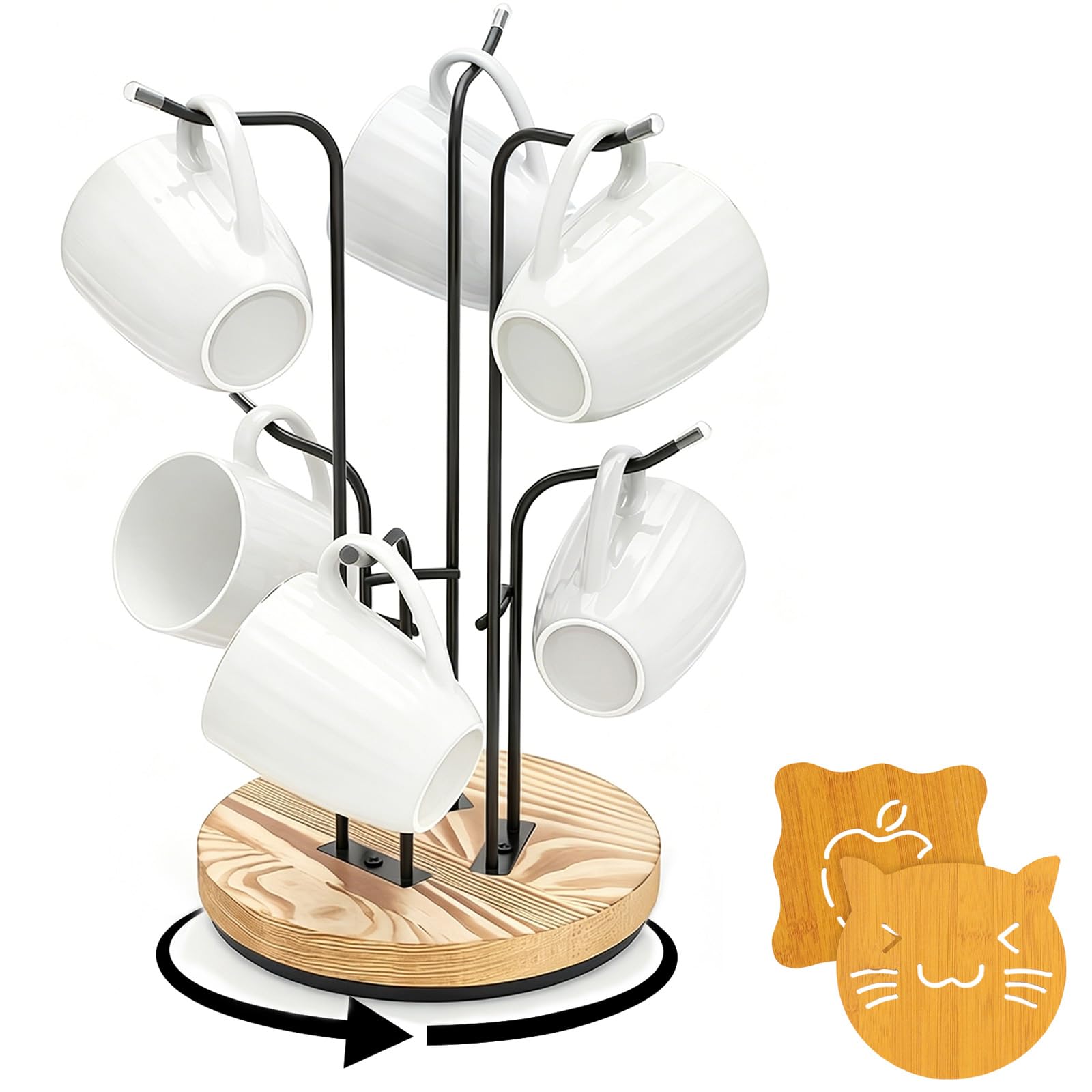 Mug Tree 8 Mugs - 360° Rotating Wooden Base Mug Stand with 2 Wooden Cup Pads, Kitchen Counter Coffee Cup Holder for Storage, Mugs Storage Rack for Kitchen Coffee Bar, Funny Gifts for Friend, Family