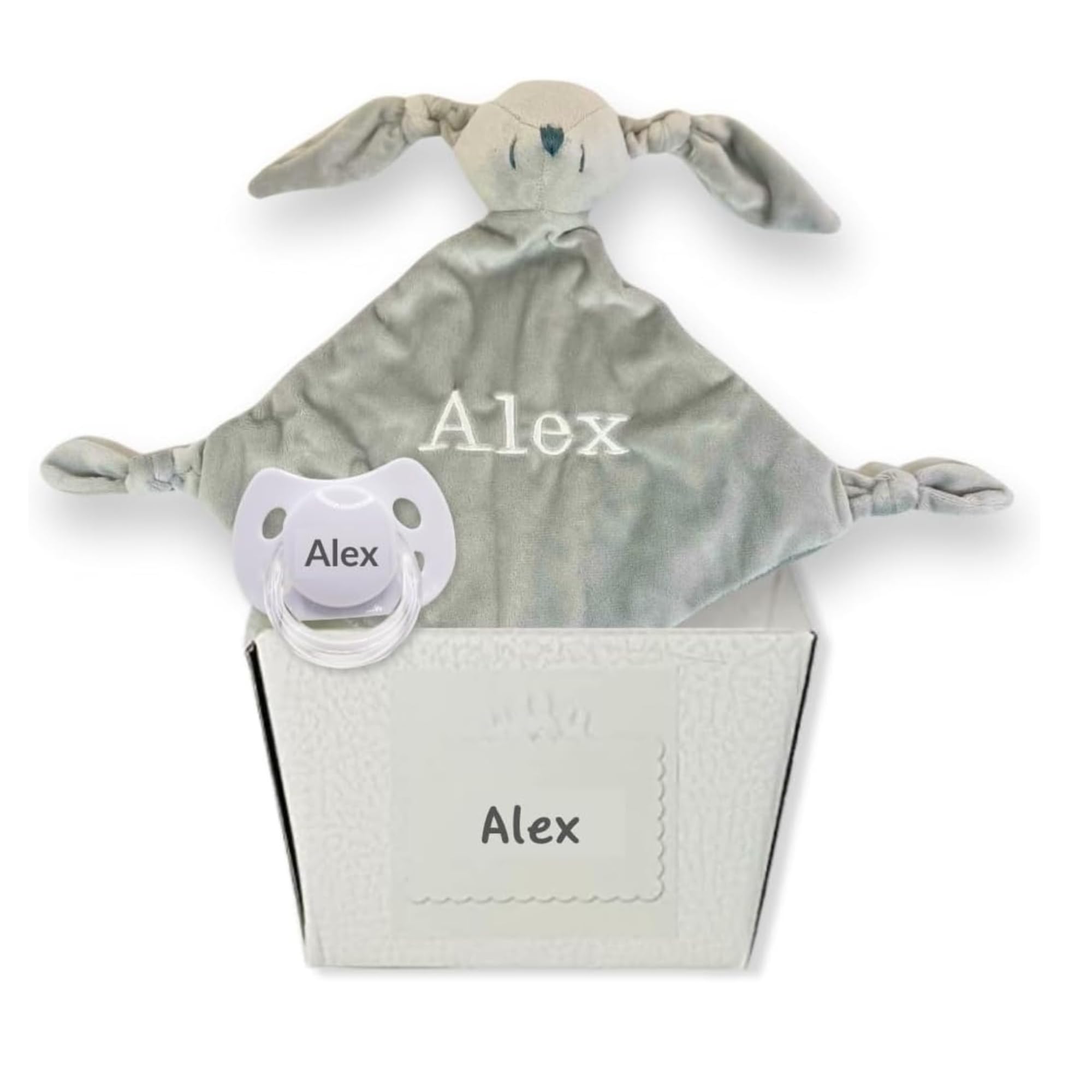 Schnuller für Babys, personalisierbar mit Namen, für Babys von 0-6 Monaten, BPA-frei, präsentiert in eleganter Vintage-Box (Neutral, Schnuller + Doudou) | BebeDeParis
