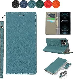 SailorTech Wallet Case for iPhone 12/12 Pro, Luxury Litchi Grain Genuine Leather Case with Wrist Strap Headphone Storage Belt Folio Flip Phone Case with RFID Blocking Card Holder Kickstand Sky Blue
