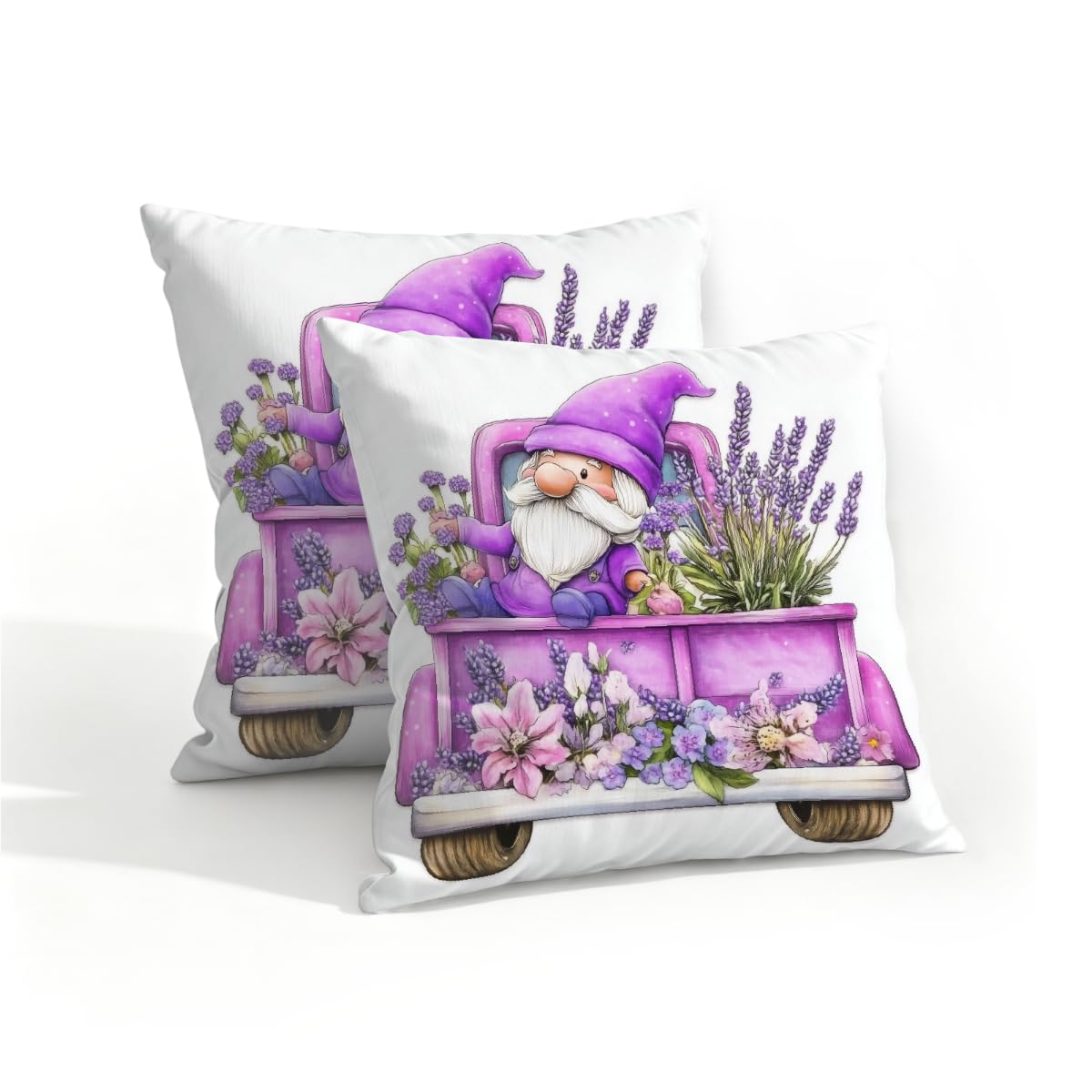 Outdoor Pillow Covers Waterproof Pillowcases 16x16IN Set of 2 Farm Lavender Floral Truck Gnome Decorative Throw Cushion Case for Couch Sofa Garden Patio Furniture