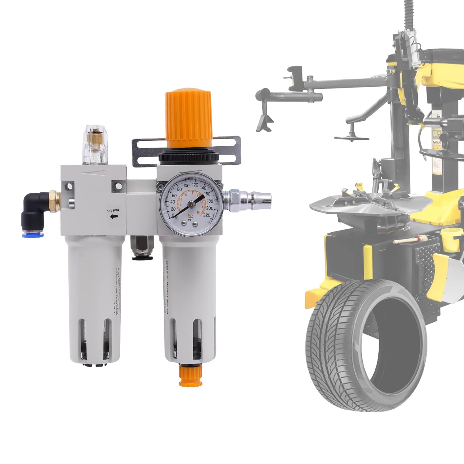 145Psi Tire Changer Part Air Pressure Oil Water Separator Regulator Trap Filter with Pressure Gauge Plastic Housing Compressed Air Filter Regulator Combo for Tire Changer Machine Part