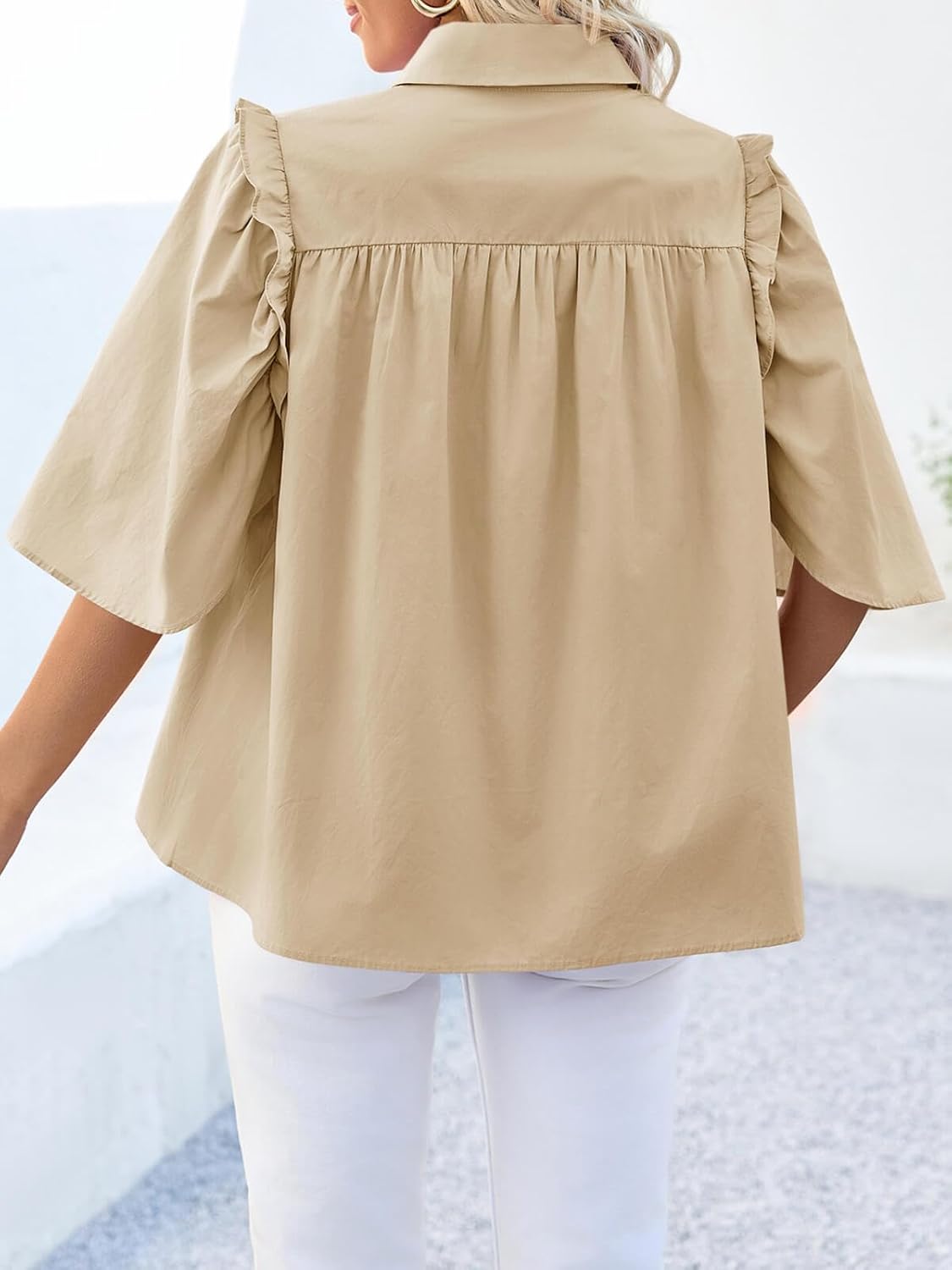 Cicy Bell Womens Summer Button Down Shirts Short Ruffle Puff Sleeve Cotton Blouses Dressy Casual Ladies Tops - Image 4