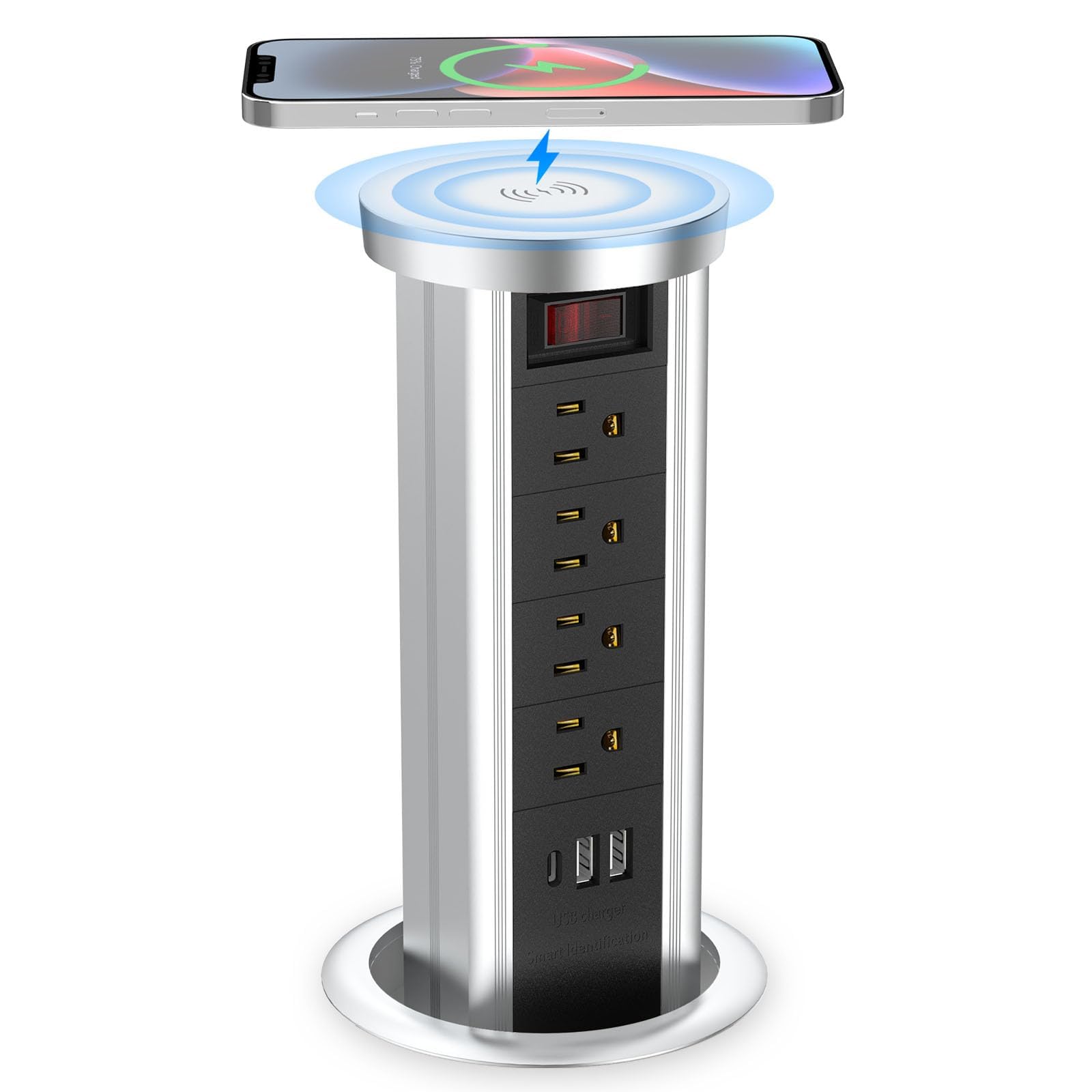 Photo 1 of BTU Pop Up Outlet for Countertop, Receptacle Power Strip with USB C & 4 AC Outlet, Pull Popup Outlet Recessed Power Socket with 10W Wireless Charger for Kitchen Conference Office