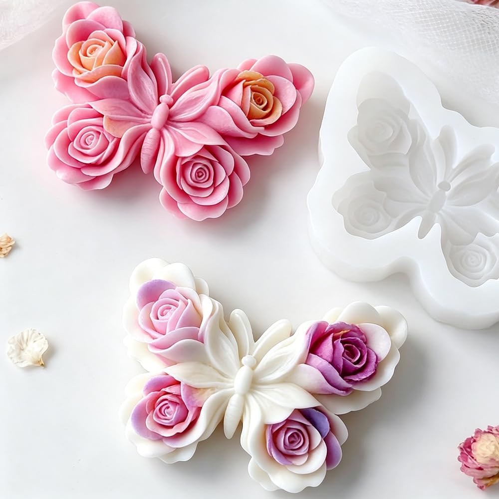 Rose Butterfly Silicone Mold Cute Epoxy Resin Molds 3D Flower Butterflies Candle Molds for Candle Making Soap Making Resin Crafts Plaster Aromatherapy Chocolate Cake Decorations Butterfly Decor