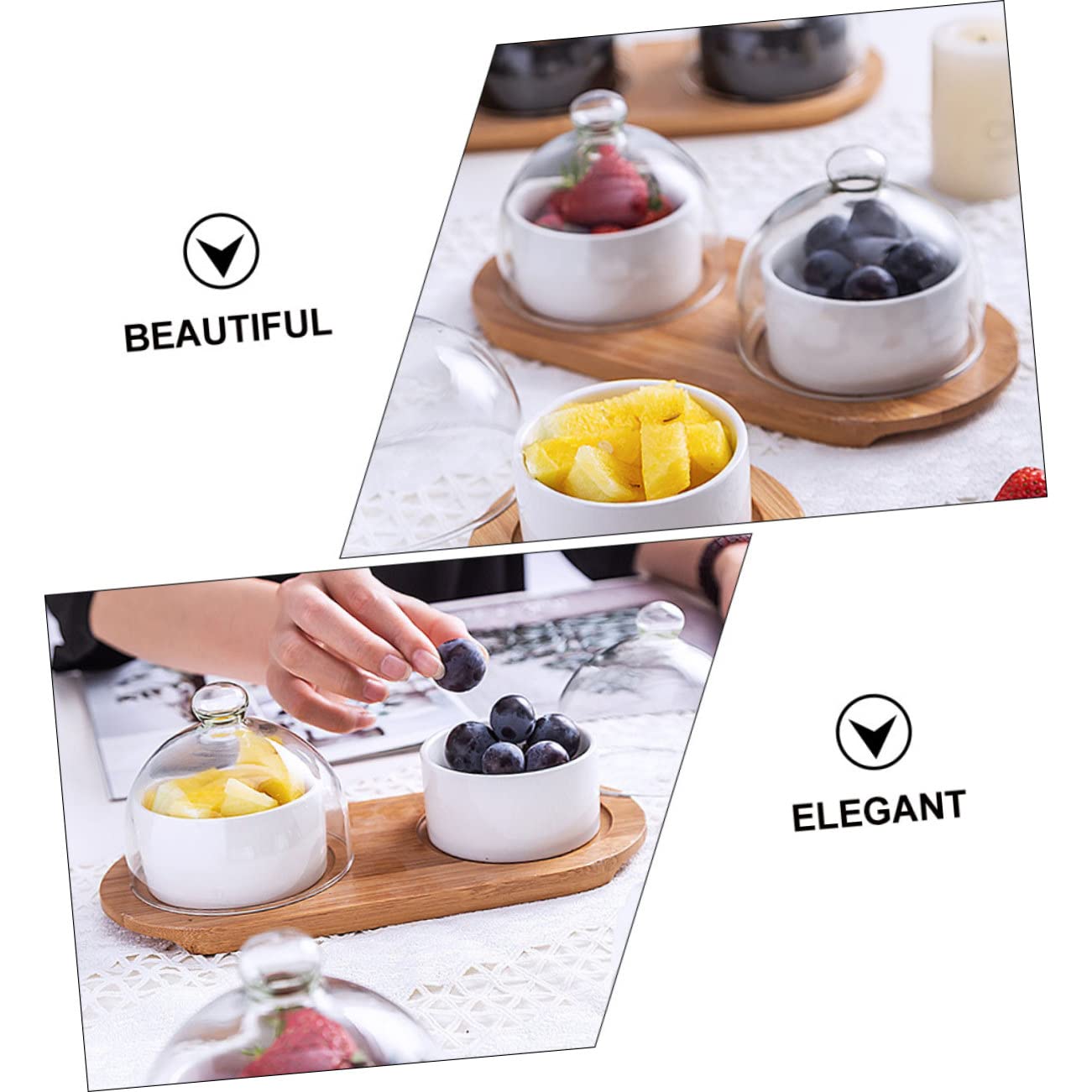 IMIKEYA 2 Juegos Bol para Postres y Frutas con Tapa Transparente y Bandeja para Hogar Hotel y Restaurante y Fácil de Limpiar
