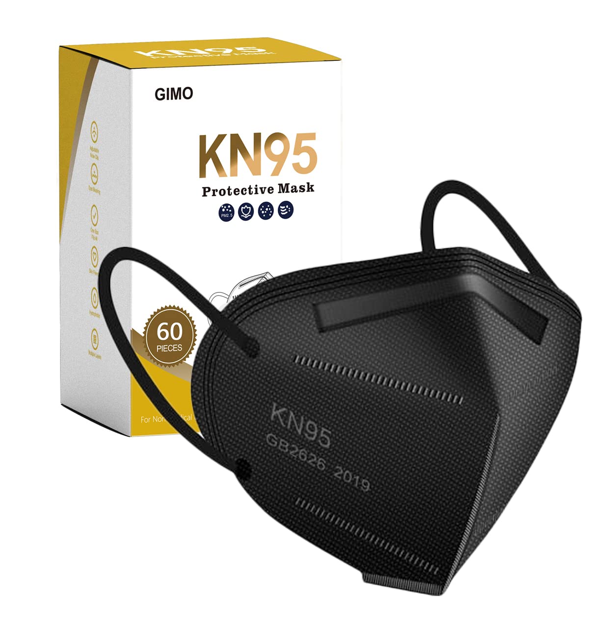 GIMO 60PCS KN95 Mask Black KN95 Face Mask 5 Layer Face Masks, Breathable Protection Masks Against PM2.5 Dust Bulk Face Mask