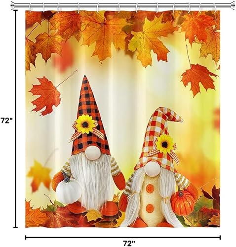 Vista 60 de Yeele Cortinas de ducha de otoño de Acción de Gracias, bonita cortina de ducha de gnomo y calabaza para baño, borde de rejilla blanca y negra
