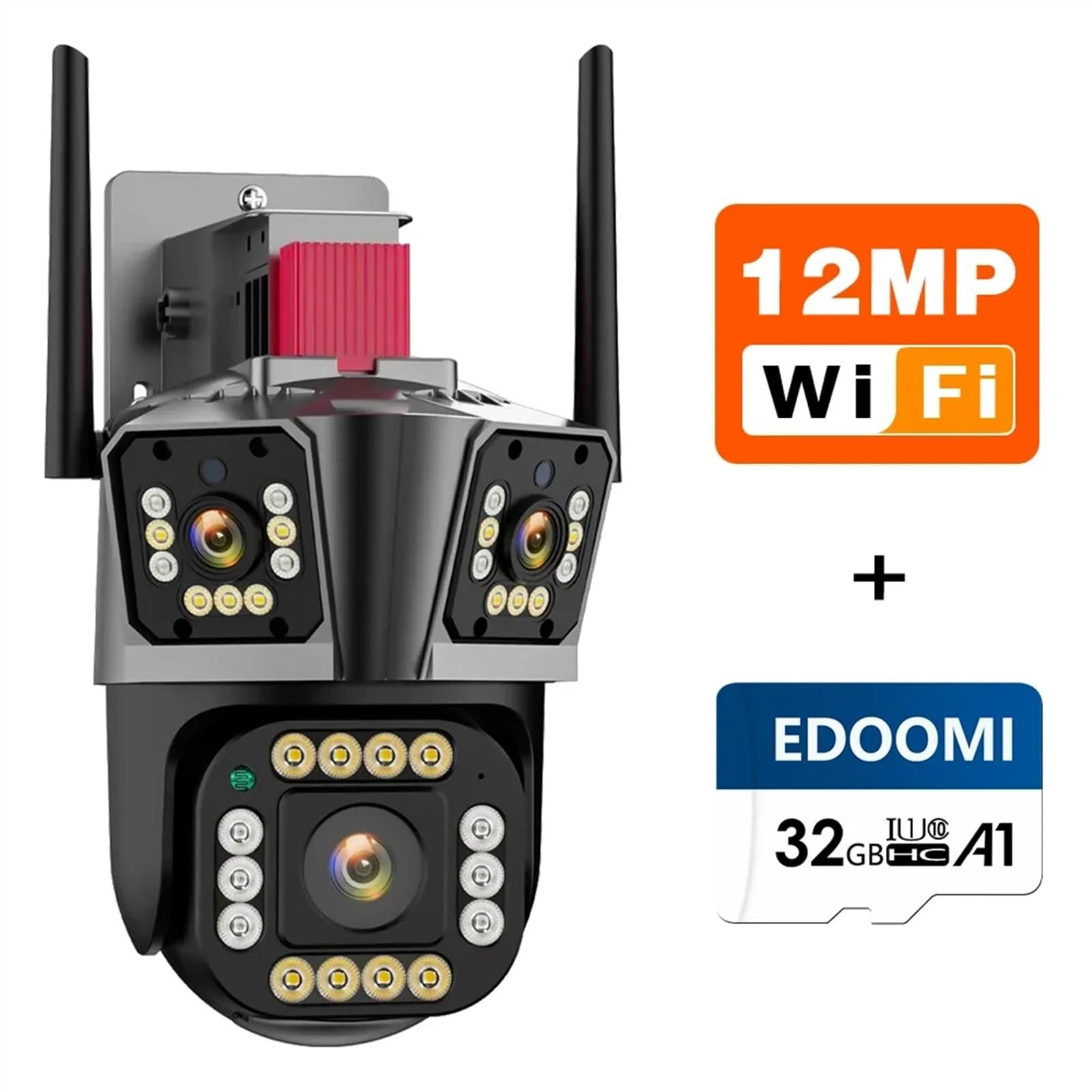 Kamera bezpieczeństwa, Kamera IP 12MP HD na zewnątrz cztery obiektywy trzyekranowa kamera PTZ 4MP ochrona bezpieczeństwa CCTV kolor noktowizor(12MP add 32G Card)