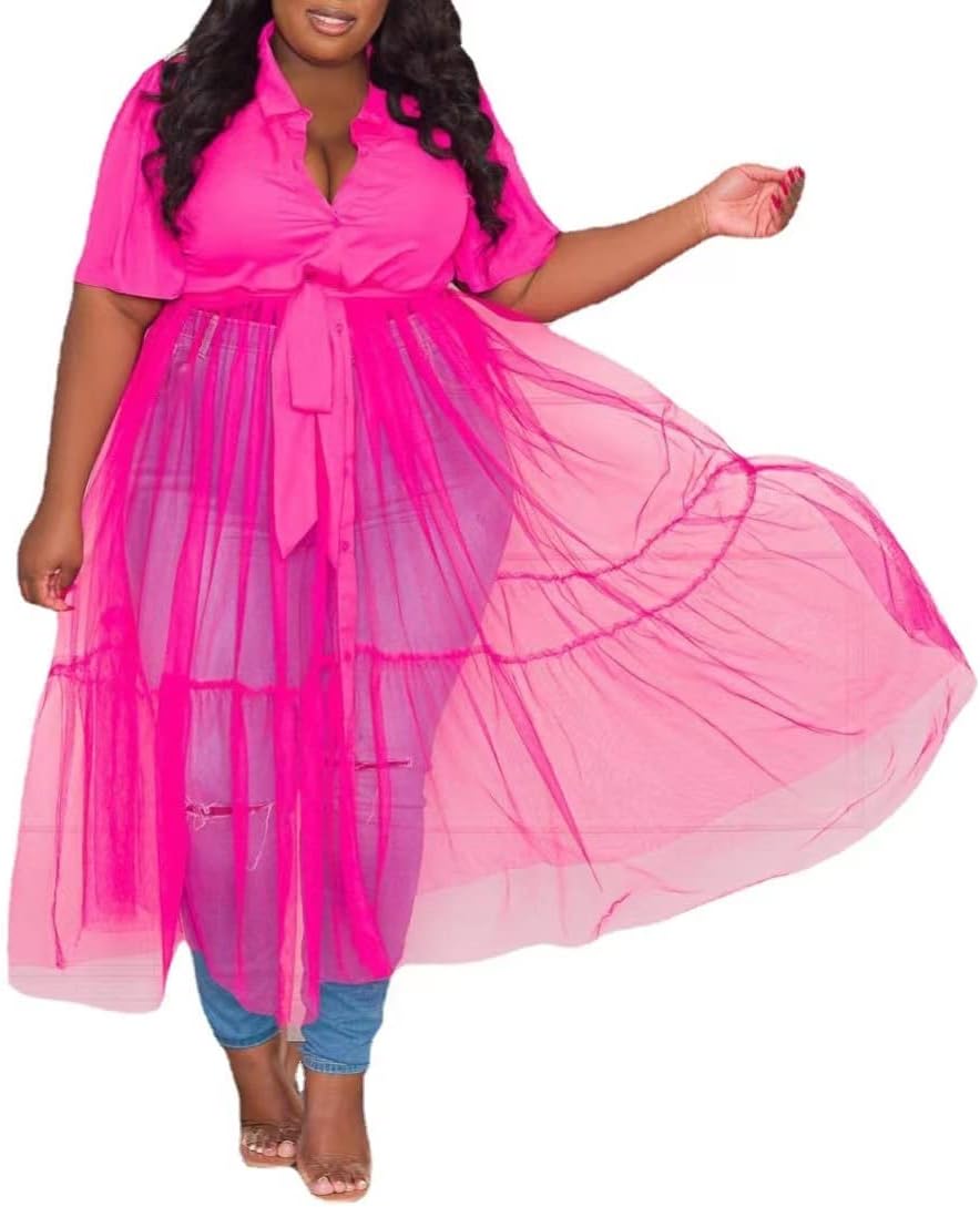 Sunlips Women's Sexy Plus Size Lapel Shirt Dresses Mesh See Through Puff Short Sleeve Flowy Swing Dress Clubwear - Image 4