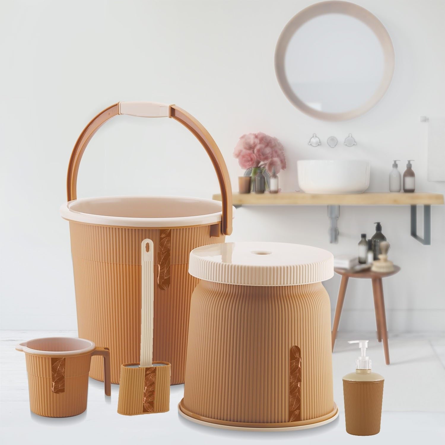 Liza Newton Combo of 5pcs Bathroom Accessories Set Plastic Bathroom Set with 20Ltr Plastic Bucket, Small Mug, Big Stool, Dispenser, & Toilet Brush for Home, Kitchen & Bathroom (Beige)