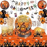 Halloween Deko Set, Halloween Party Geschirrset, 96 Stück Party Geschirr Kinder Mit Halloweens Servietten Pappteller Tassen Tischdecke Luftballons Für Halloweens Deko Innen, um Eine Horroratmosphäre