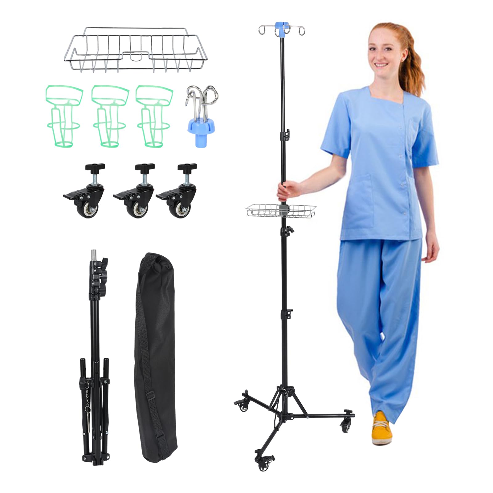 Soporte de infusión con ruedas y cesta de almacenamiento, plegable, altura ajustable, soporte IV con 4 ganchos y 3 ruedas, soporte portátil para infusión, para hospital, cuidado del hogar y viajes