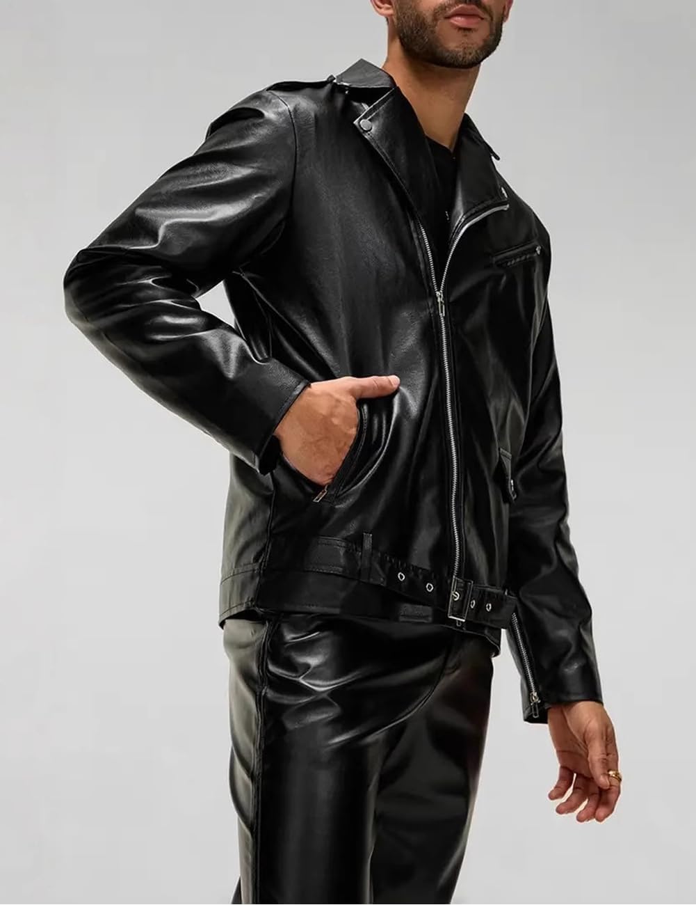 Men’s Pu Leather Jacket Lapel Collar Motorcycle Zip Up Long Sleeve Motor Biker Short Coat Jacket with Belt