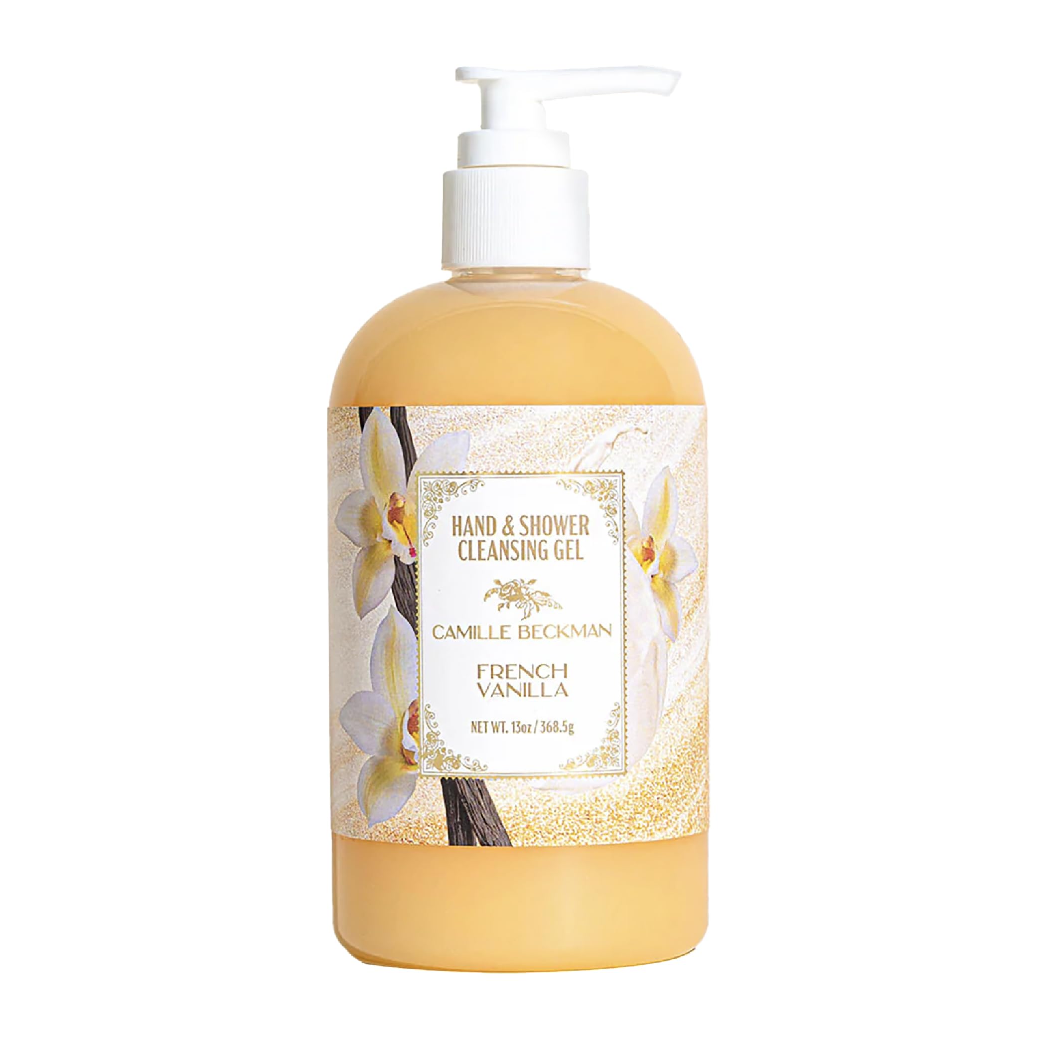 Camille Beckman French Vanilla Hand & Shower Cleansing Gel, 13 oz | Warm bakery-sweet scent; provitamin B5 & aloe vera; gentle body wash; won't dry