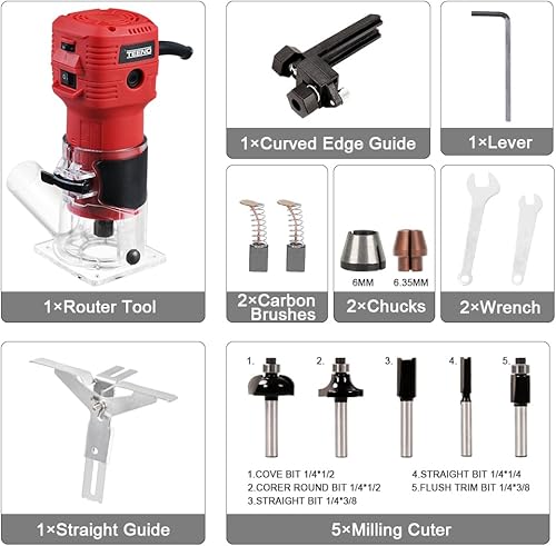 Miniatura 3 de TEENO Herramienta de enrutador, enrutador de madera compacto de 650 W 110 V para carpintería, enrutador de corte manual de 32000 RPM con juego de