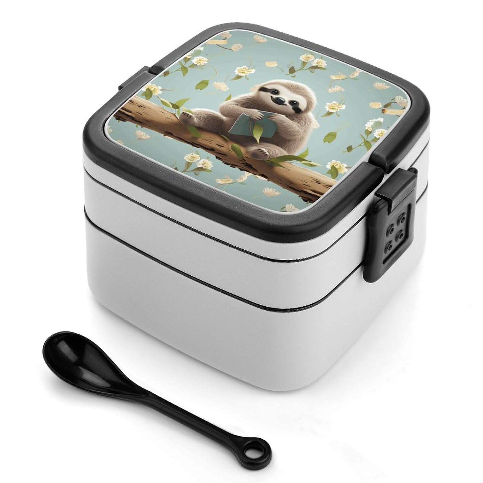 JTREHY Reusable Leakproof Bento Box,Cute Sloths Printed 2 Layer Stackable Lunch Box with Spoon Portable Large Lunch Box for Dining Out, Work, Picnic, Travel