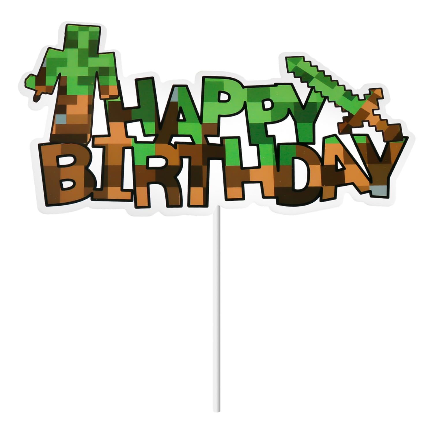 Wellrun Green Block Happy Birthday Cake Topper,Pixel Style Party Cake Decor,Fun Gaming Cartoon Accessory for Birthday Parties and Photo Props