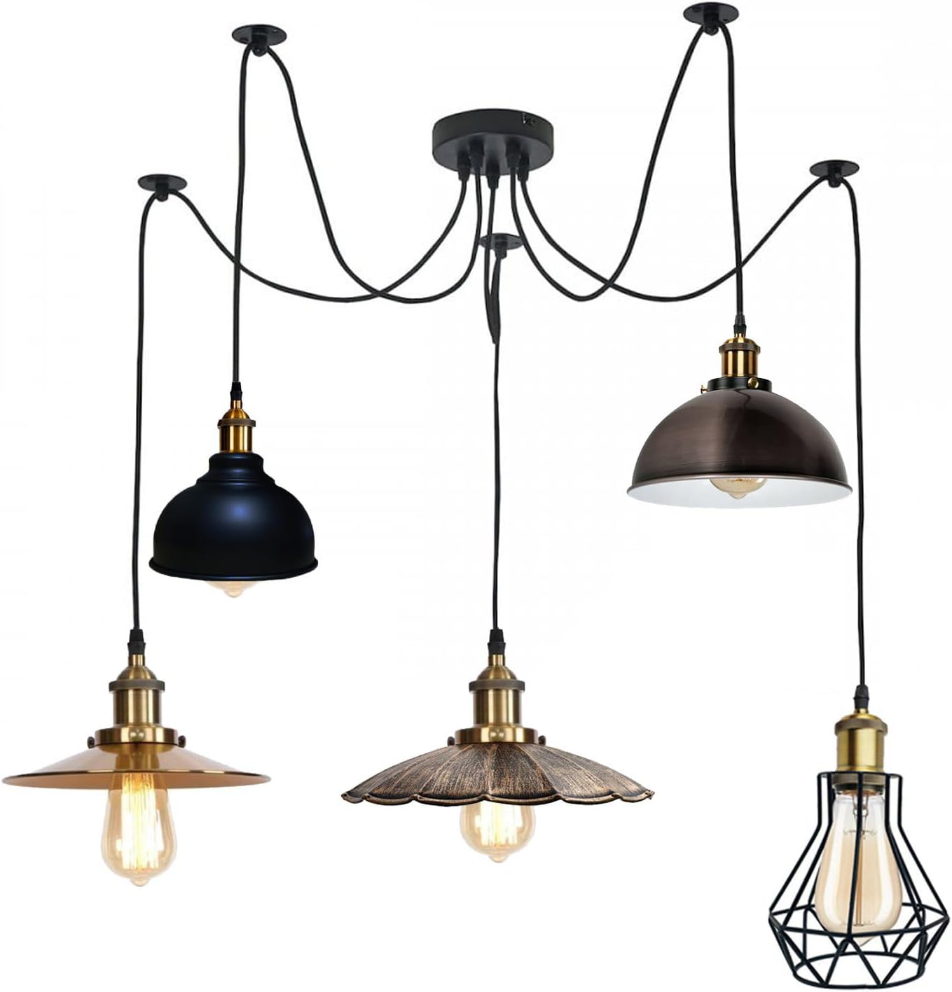 DC VOLTAGE 5 Way Pendant Light Industrial Metal Lampshade E27 Lamp Holder 195cm Height Adjustable Ceiling Hanging Spider Lighting Fixture for Halloween Decor Restaurant, Cafe, Bar (with Bulb)