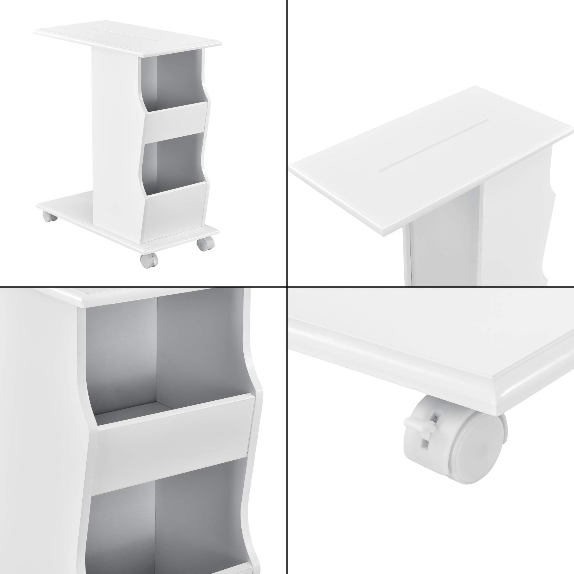 [en.casa] Tavolino Laterale da Divano Mobiletto con Rotelle Ripiani e Porta Riviste Tavolo Basso con Design a C 53 x 30 x 63 cm Bianco