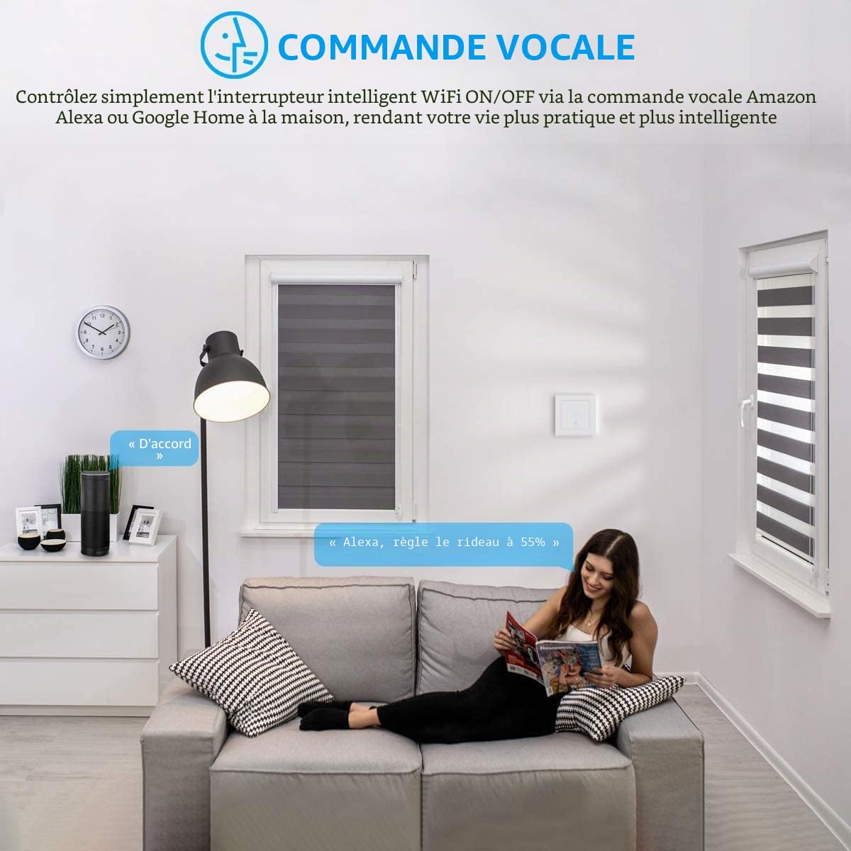 Interrupteur de volet roulant sans fil [6 gen] Interrupteur pour stores avec LED contrôlable, contrôle de volet roulant compatible avec Echo Alexa/Google, 2 pièces