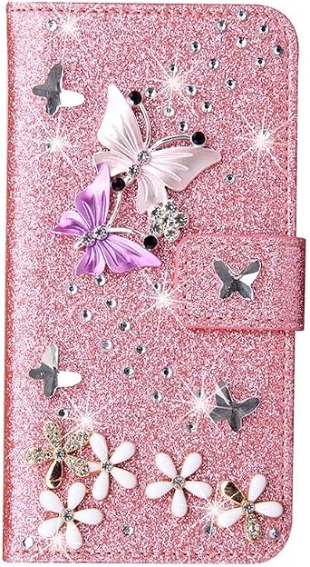 for Samsung Galaxy S22 Plus S22+ Bling Case Luxury Leather Design Diamond Glitter Butterfly Flower Wallet Card Slots Phone Cover,Magnetic Clasp Stand for Galaxy S22 Plus,Pink