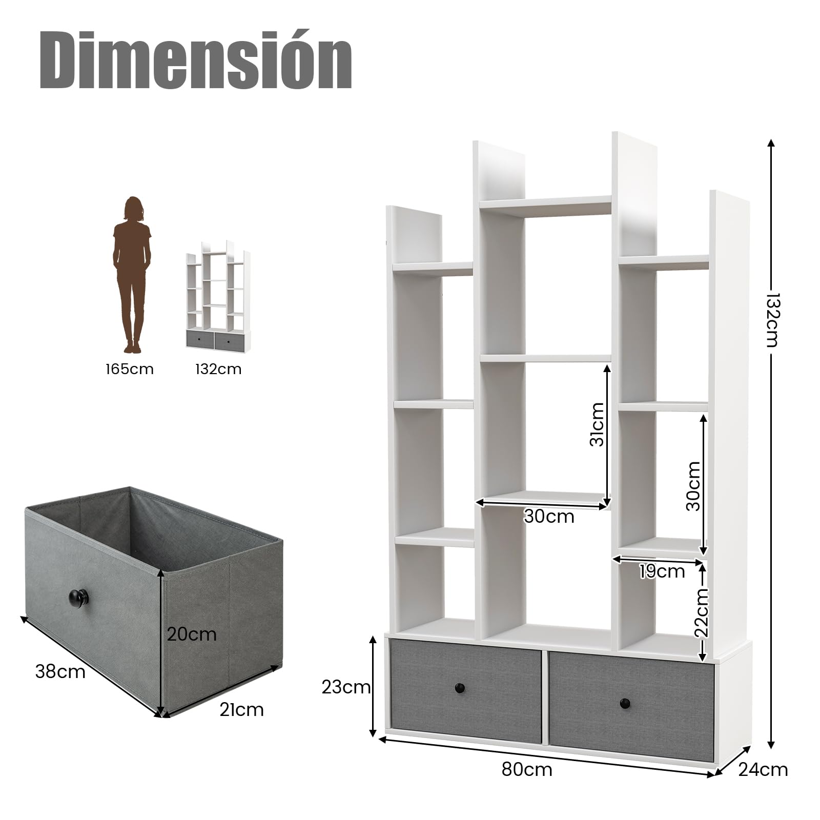 SOARS Scaffali portaoggetti a 12 livelli, scaffale in legno, 2 cassetti, scaffale con scomparti aperti, per ufficio, studio, soggiorno, camera da letto, 80 x 24 x 132 cm (bianco)