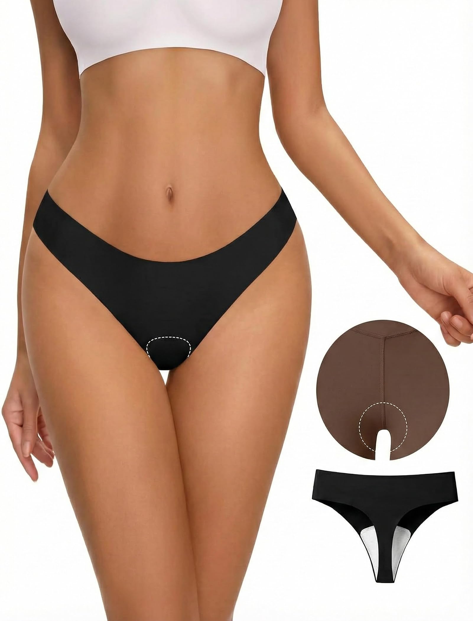 PoseFree Seamless Thong with Modesty Liner - Front Padded No Show Panty for Yoga Leggings
