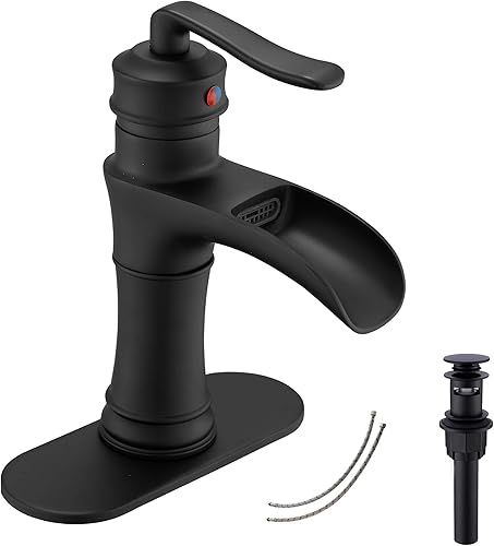 Grifo de baño en cascada GGStudy negro con una sola manija de un agujero, estilo casa de campo, color negro mate, grifo de tocador de baño, grifo