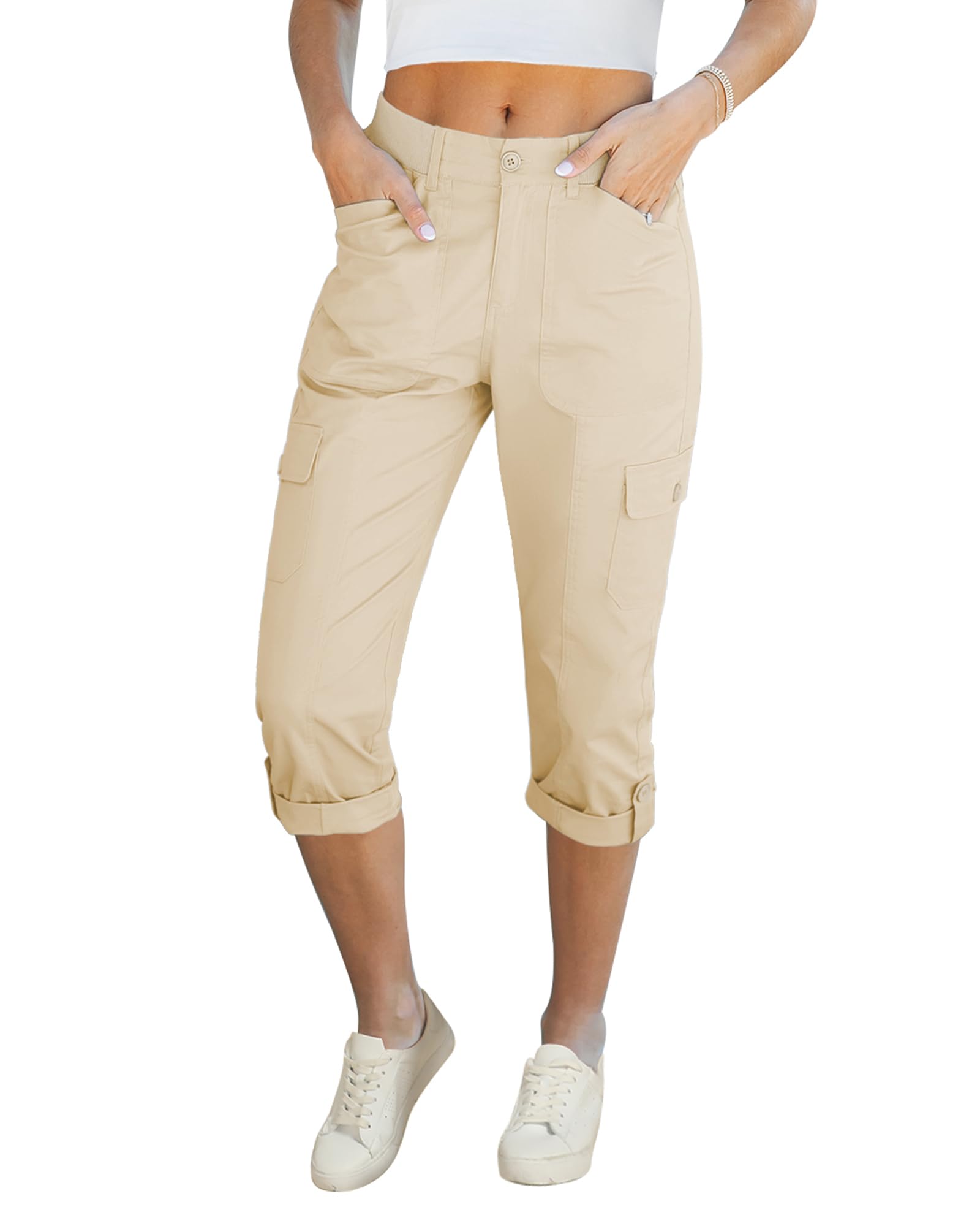 LookbookStore Capri Pants for Women High Waisted Cargo Casual Elastic Waist Rolled Hem Summer Capris Pants with Pockets
