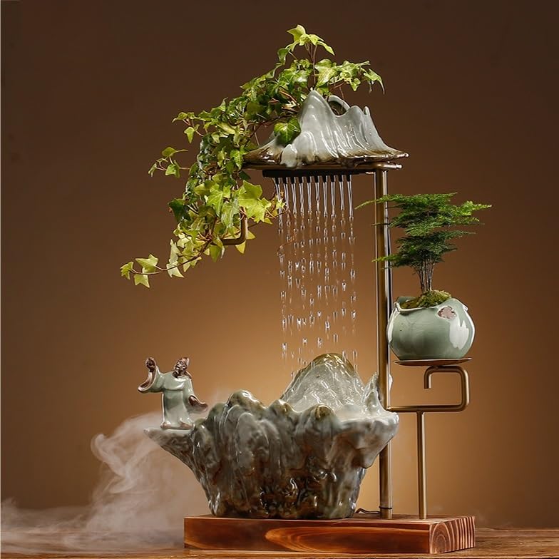 Fuente Decorativa de jardín, Fuente de Agua con Cascada, de cerámica, con función humidificadora, Rueda de Agua, Feng Shui Zen, decoración para salón, Dormitorio, Oficina