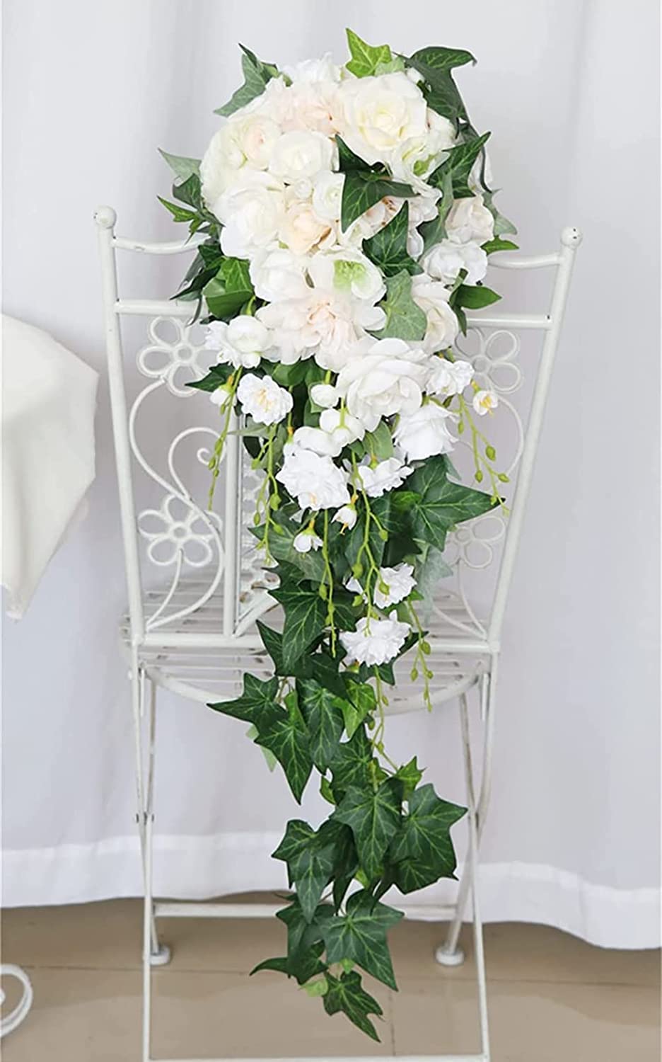 XDLEDMKIZ Artificial Flower Bouquet,Bride Holding Flowers,Wedding Bridal Bouquets, Artificial White Waterfall Shape Handmade Cascading Rose Holding Bouquets For Wedding Decor