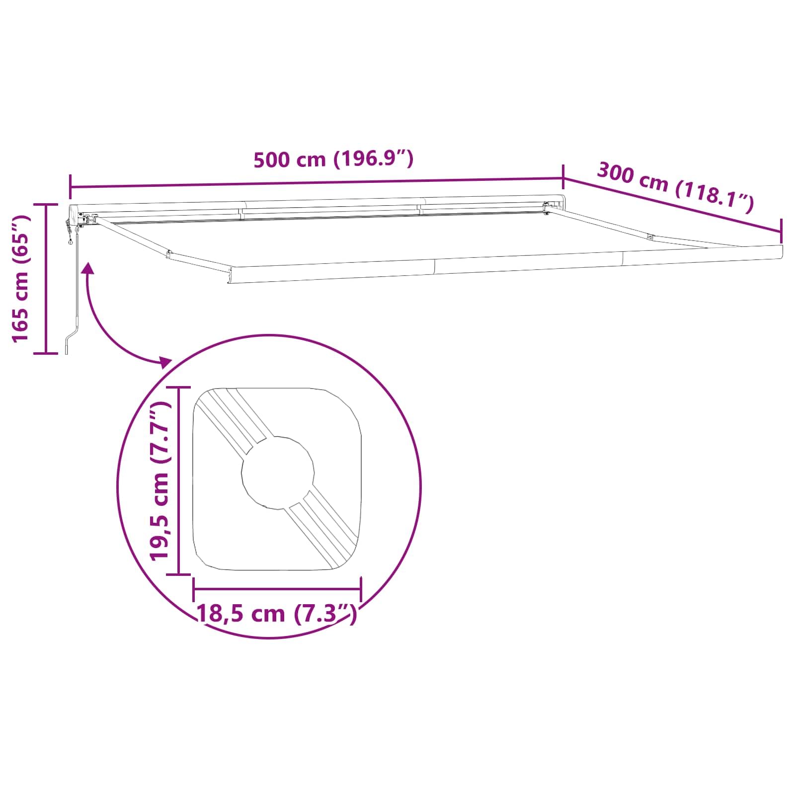 Wysuwana markiza z ramieniem przegubowym, 500 x 300 cm, odporna na warunki atmosferyczne, odporna na promieniowanie UV, na balkon, taras, do ogrodu, łatwy montaż, z korbą lub silnikiem