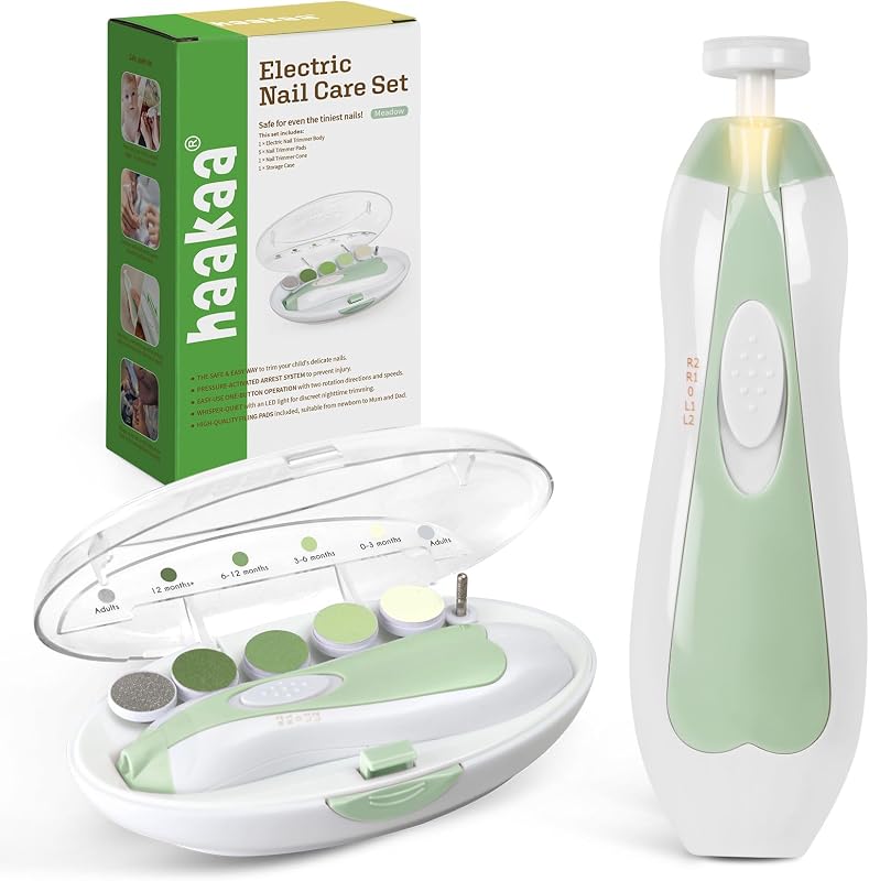 Electric Baby Nail File, LED Light Baby Nail Trimmer, Green | Electric Baby Nail Care Set With 6 Replacement Heads, Storage Case, Quiet Motor and Safety Control for the Whole Family