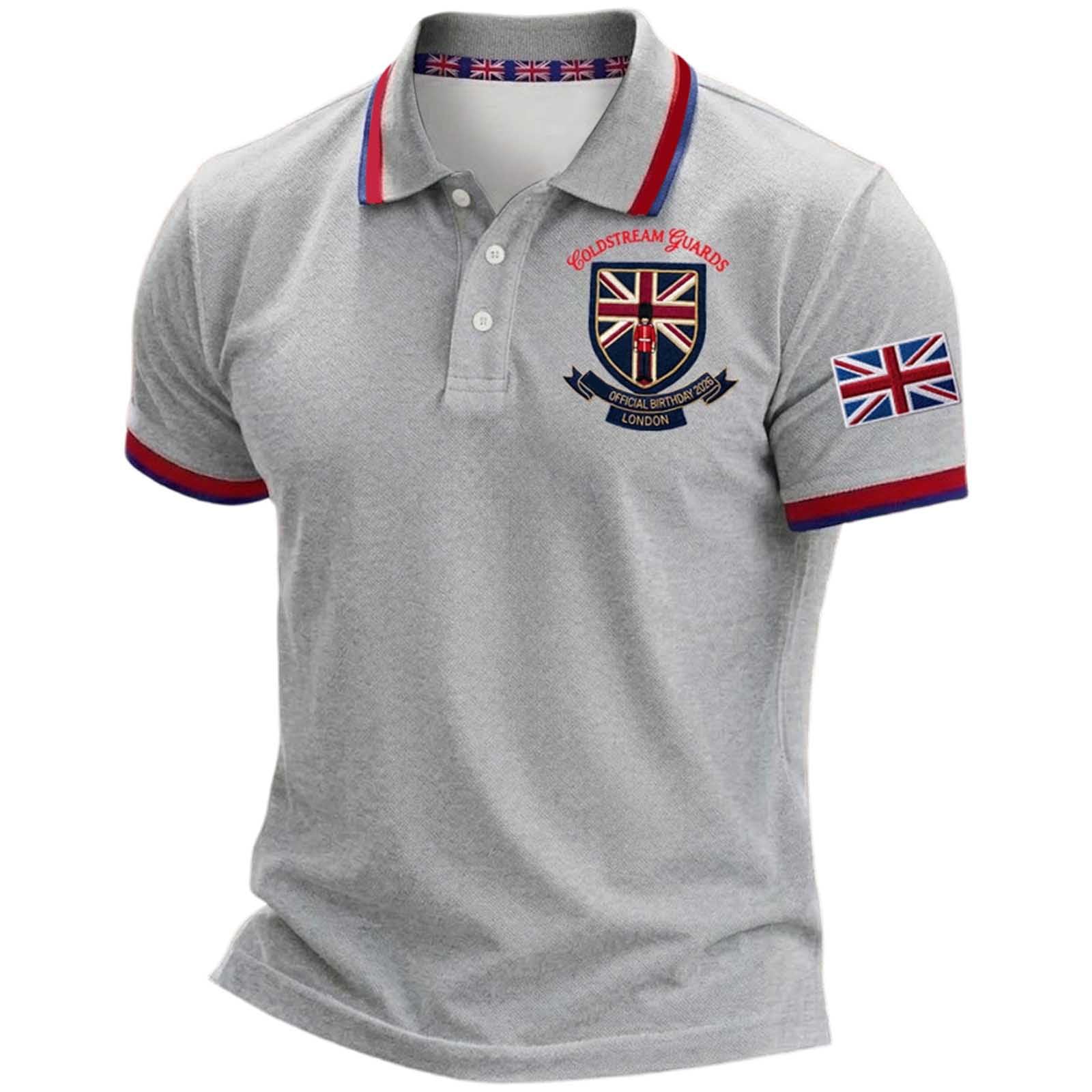 Mens England Polo Shirts Football 2026 Short Sleeve Collared Neck Great Britain Bunting Flags Print Union Jack T Shirt England Football Jersey Tops Breathable Fans Shirts (002-Grey, 3XL)