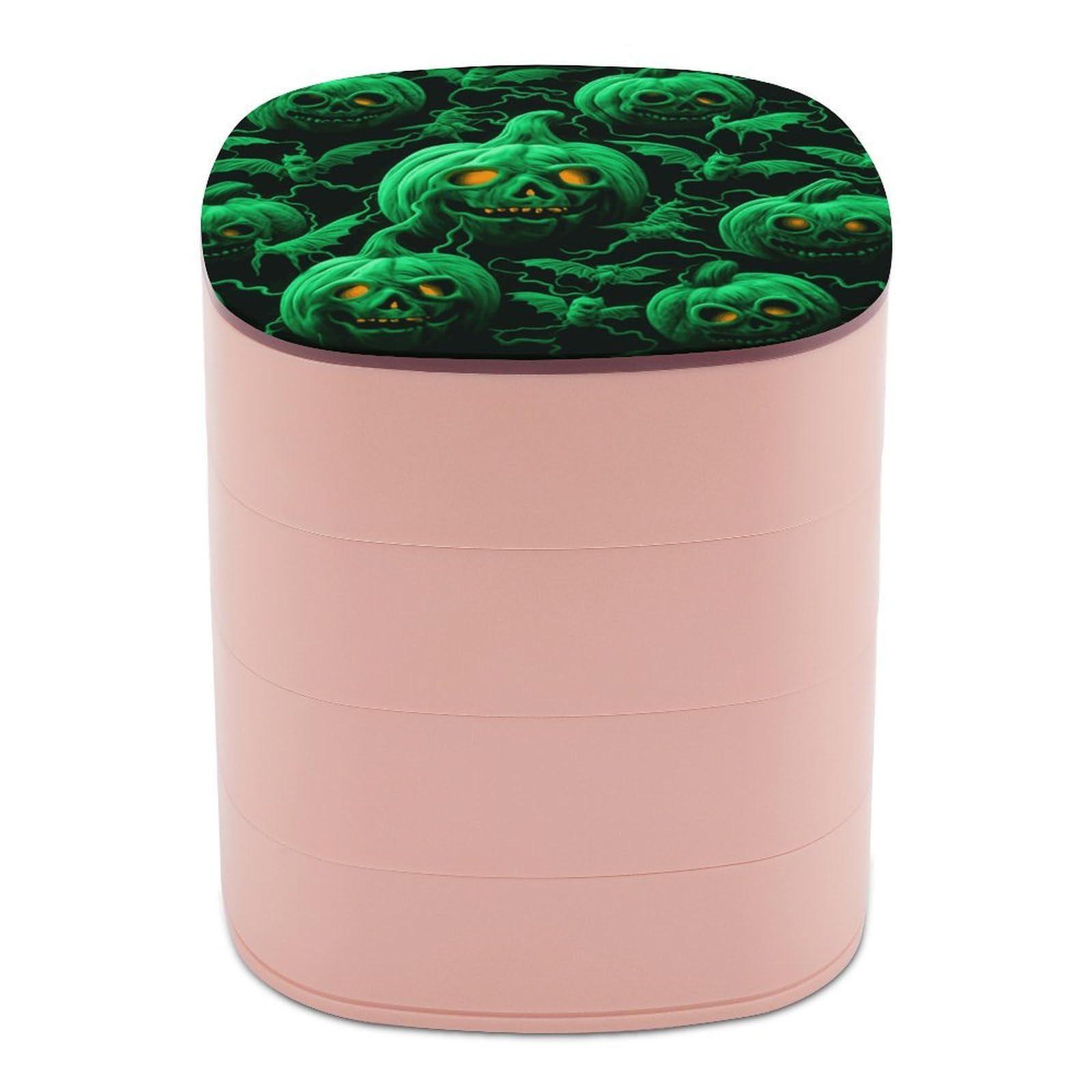 JTREHY Green Ghost Horror Halloween Pumpkin Jewelry Box 4-Layer Covered Rotating Jewelry Storage Box Large Capacity Storage Boxes Portable Jewelry Case for Bracelets Earrings Necklace