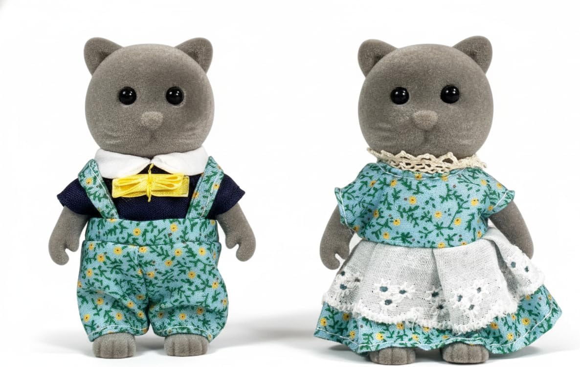 Family Gray Cat Figures — Set of 2 Collectible Flocked Mini Dolls with Removable Clothes, Dollhouse Pretend Play Set for Kids Ages 3+
