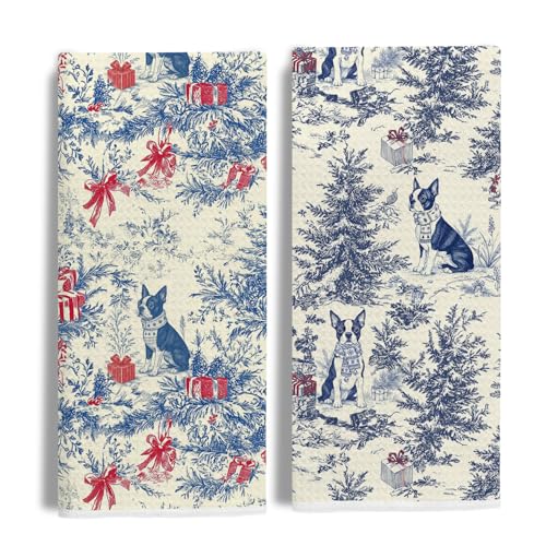 Image of Christmas Blue Boston Terrier Kitchen Towels Set 2,Vintage Dog Lover Gifts Dish Tea Towels for Kitchen, French Chinoiserie Holiday Decorative Hand Towel for Bathroom, 16x24 Inch