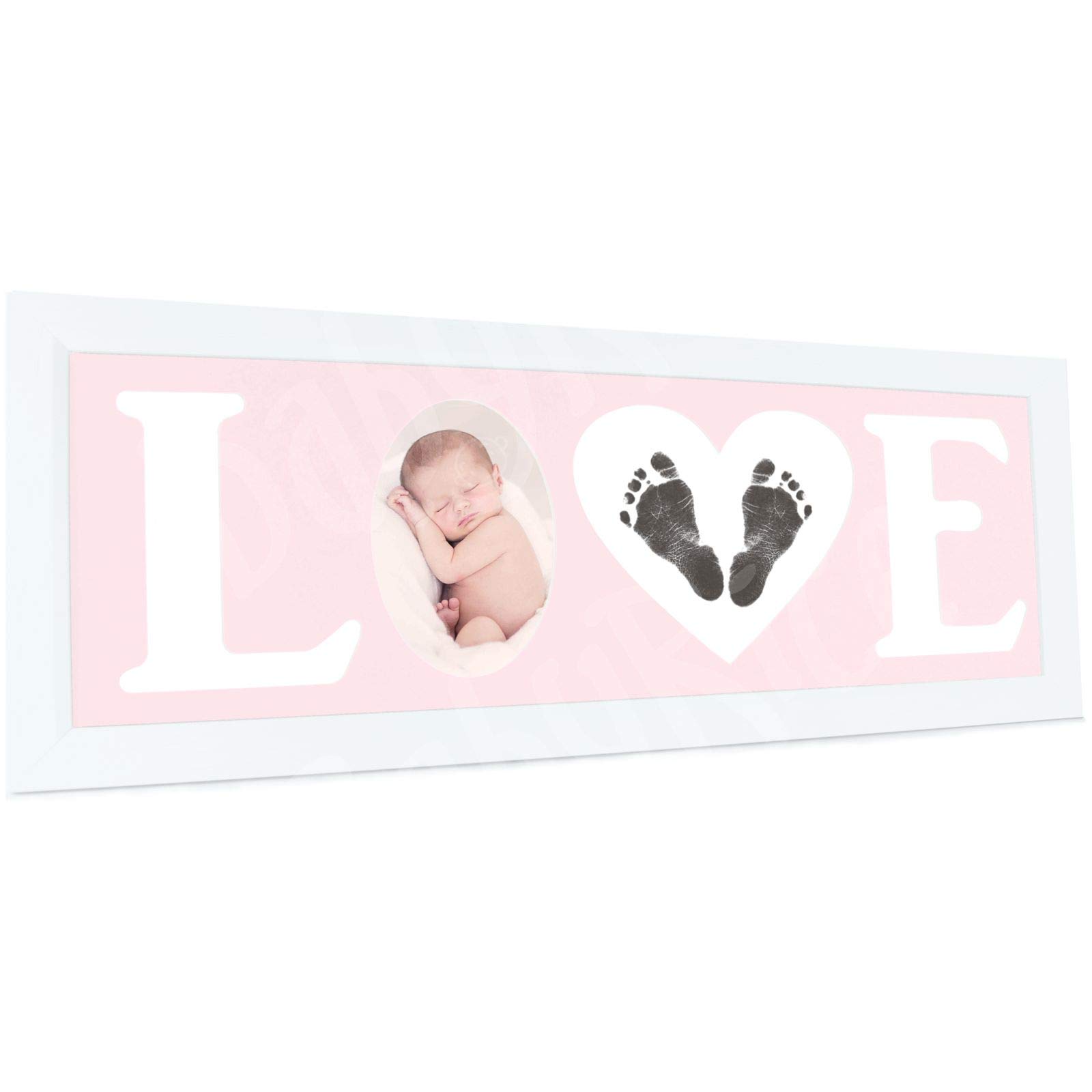 BabyRice New Baby Girl Hand and Footprint Kit with Love Photo Picture Frame in White – Pink