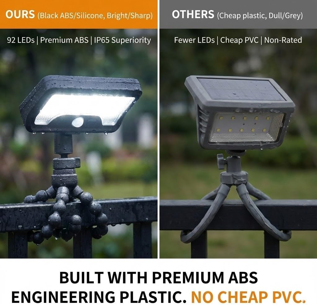 Solar Lights Outdoor, 92 LED Motion Sensor Security Light with Flexible Octopus Tripod & Heavy Duty Clip, 600LM Waterproof Solar Powered Lights for Fence, Gutter, Tree, Patio (2 Pack)